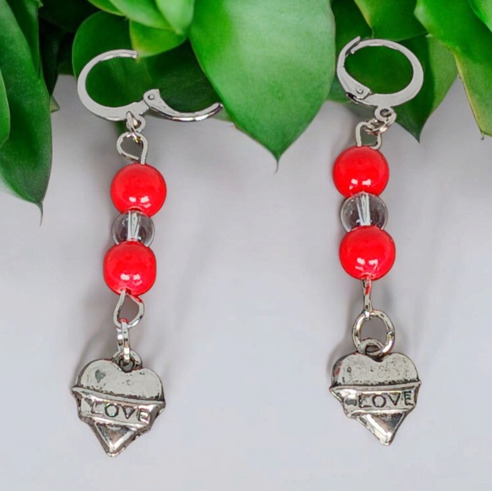 Hypoallergenic Red Coral Clear Quartz Heart Dangle Drop Earrings New Age Grunge